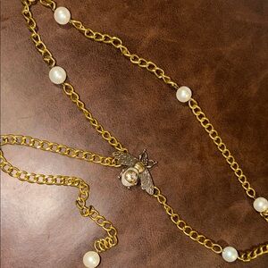 GGlogo Vintage Gold Bee & Faux Pearls Chain Belt or Necklace